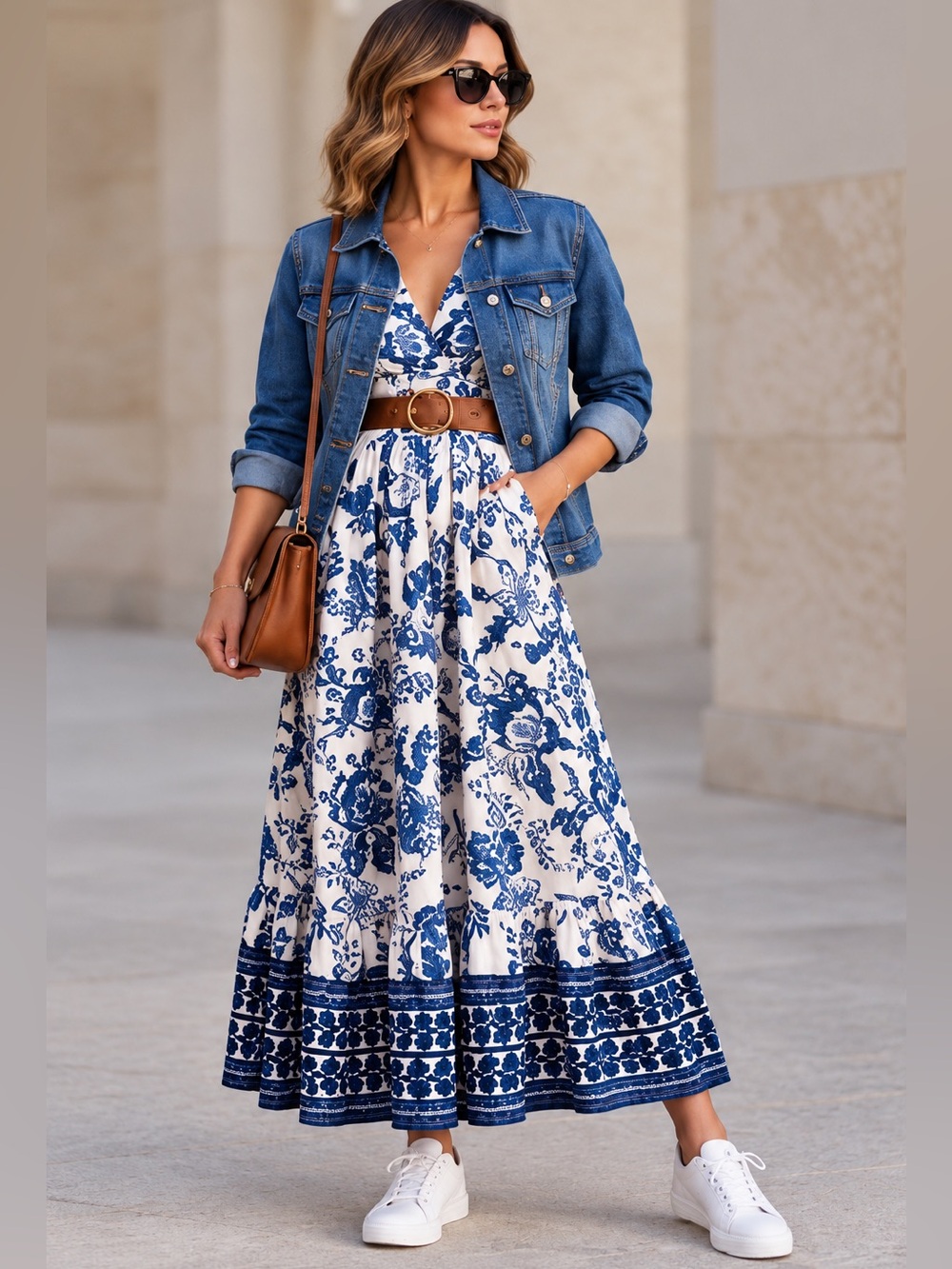 NWOT Elegant Blue and White Floral Dress size medium